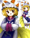  1girl animal_ear_headwear blonde_hair blue_tabard blush_stickers closed_mouth dress fox_tail frilled_socks frills hands_in_opposite_sleeves hat highres holding long_sleeves looking_at_viewer medium_hair mob_cap multiple_tails multiple_views ofuda ofuda_on_clothes open_mouth orange_eyes own_hands_together redrawn revision signature simple_background smile socks tabard tail touhou unfinished_dream_of_all_living_ghost upper_body white_background white_dress white_headwear white_socks yakumo_ran yakumora_n zun_(style) 