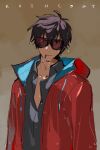  1boy beard_stubble cigarette coat commentary_request grey_shirt looking_to_the_side male_focus nicholas_d._wolfwood raincoat raine_(acke2445) red_coat shirt short_hair solo sunglasses trigun trigun_stampede upper_body 