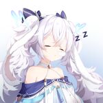  1girl absurdres animal_ears azur_lane bare_shoulders blue_ribbon closed_eyes collarbone crossed_bangs dress fake_animal_ears gradient_background hair_ornament hair_ribbon halterneck highres laffey_(azur_lane) laffey_ii_(azur_lane) long_hair parted_lips rabbit_ears rabbit_hair_ornament ribbon simple_background sleep_bubble sleeping solo twintails upper_body white_dress white_hair z-wumi zzz 