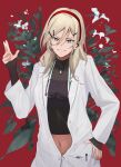  1girl absurdres aqua_eyes blonde_hair earpiece girls_frontline glasses hair_ornament hairband hairpin hand_on_own_hip highres lab_coat long_hair looking_at_viewer mole mole_under_mouth navel parted_lips red_background shaw_(girls&#039;_frontline) solo upper_body yotsuyama_(yomo8ama) 