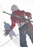  2boys blue_coat coat cumcmn dante_(devil_may_cry) devil_may_cry_(series) devil_may_cry_3 fingerless_gloves gloves gun holding long_hair male_focus multiple_boys rebellion_(sword) red_coat sword vergil_(devil_may_cry) weapon white_hair 