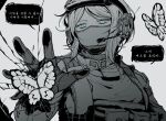  1girl bug butterfly faust_(project_moon) funeral_of_the_dead_butterflies hand_up headphones helmet highres limbus_company lobotomy_corporation mask maskv microphone military_uniform mouth_mask pouch project_moon short_hair solo spot_color uniform 