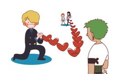  2boys 2girls back bad_id bad_twitter_id blonde_hair commentary_request curly_eyebrows earrings green_hair hair_over_one_eye haramaki heart jewelry korean_commentary mulmulgogibbq multiple_boys multiple_girls nami_(one_piece) necktie nico_robin one_piece orange_hair pants roronoa_zoro sanji_(one_piece) shirt short_hair simple_background skirt smile striped striped_shirt suit walking white_shirt 