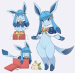  ! blue_eyes blue_skin bow box christmas closed_eyes clothed_pokemon colored_skin gift gift_box glaceon glaceon_(christmas) green_bow hair_ornament highres holly_hair_ornament liteee looking_at_viewer multiple_views navel open_mouth pokemon pokemon_(creature) red_bow simple_background striped striped_bow stuffed_animal stuffed_toy tail white_background 