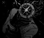  1other blood clock dante_(limbus_company) facing_up fire gloves greyscale hands_up highres limbus_company long_sleeves maskv monochrome object_head project_moon simple_background solo star_(sky) wing_collar 