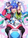  1girl :d @_@ absurdres ahoge animal_ears aqua_hair black_bodysuit black_nails blue_eyes blue_hair bodysuit bodysuit_under_clothes bow commentary_request crossed_bangs drawstring feet_out_of_frame finger_gun hair_bow hands_up heterochromia highres hood hoodie horse_ears horse_girl horse_tail long_hair long_sleeves looking_at_viewer multicolored_clothes multicolored_hair multicolored_hoodie nail_polish open_mouth outstretched_arm pointing pointing_at_viewer riding riding_rocket salute sharp_teeth sidelocks smile solo striped striped_bow stuffed_animal stuffed_rabbit stuffed_toy tail teeth thin_(suzuneya) twin_turbo_(umamusume) twintails two-tone_hair umamusume upper_teeth_only v-shaped_eyebrows very_long_hair violet_eyes 