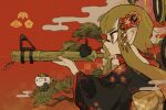  1girl autobomb_(splatoon) bamboozler_14_(splatoon) black_kimono clouds commentary_request flower from_side green_hair gun hair_flower hair_ornament highres holding holding_gun holding_weapon inkling inkling_girl japanese_clothes killer_wail_5.1_(splatoon) kimono long_hair p0m4_p0m4 pointy_ears red_background solo splatoon_(series) splatoon_3 tentacle_hair tree weapon 