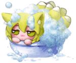  1girl absurdres animal_ear_fluff animal_ears bathing blonde_hair blush chibi closed_mouth fox_ears fox_tail fumo_(doll) highres in_container jitome multiple_tails revealing_clothes short_hair simple_background soap_bubbles solo tail touhou white_background yakumo_ran yakumora_n yellow_eyes 
