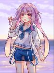  1boy animal_ears ansel_(arknights) ansel_(casual_vacation)_(arknights) arknights blue_shorts blush commentary english_commentary hakuu_(ha_kuu5) jacket long_hair looking_at_viewer male_focus open_mouth otoko_no_ko pink_eyes pink_hair rabbit_boy rabbit_ears see-through see-through_jacket shirt short_shorts shorts signature solo white_shirt 