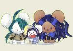  animal_focus blue_eyes blue_hair blush brown_fur commentary cospirt cosplay geeta_(pokemon) geeta_(pokemon)_(cosplay) green_hair maushold maushold_(family_of_three) mouse no_humans open_mouth pokemon pokemon_(creature) pokemon_sv poppy_(pokemon) poppy_(pokemon)_(cosplay) red_eyes rika_(pokemon) rika_(pokemon)_(cosplay) simple_background tail teeth upper_teeth_only white_background white_fur 