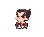  1boy :3 arms_at_sides black_eyes black_hair chibi full_body gloves kotorai male_focus mishima_kazuya pants red_eyes red_gloves scar scar_on_arm scar_on_cheek scar_on_chest scar_on_face signature simple_background solo studded_gloves tekken topless_male v-shaped_eyebrows white_background white_pants 