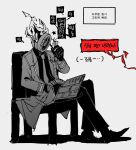  1other absurdres chair clock coat collared_shirt dante_(limbus_company) fire highres limbus_company maskv necktie object_head pants project_moon reading shirt shoes simple_background sitting solo speech_bubble translation_request 