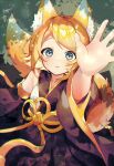  1girl animal_ear_fluff animal_ears arm_up black_kimono blonde_hair blue_eyes fox_ears fox_tail from_above highres japanese_clothes kagamine_rin kimono looking_at_viewer open_mouth ribbon sazanami_(ripple1996) short_hair solo swept_bangs tail tears vocaloid wide_sleeves wolf_girl yellow_ribbon 