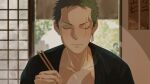  1boy chopsticks closed_eyes earrings eating food food_on_face green_hair holding holding_chopsticks japanese_clothes jewelry kimono male_focus mulmulgogibbq one_piece restaurant rice rice_on_face roronoa_zoro scar scar_across_eye scar_on_chest short_hair smoke solo tree v-shaped_eyebrows 