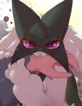  1boy 1girl biting biting_another&#039;s_hand blush highres holding_another&#039;s_arm looking_at_viewer meowscarada pink_eyes pokemon pokemon_(creature) pov pov_hands upper_body xanadu_corona 