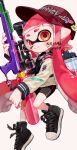  1girl absurdres baseball_cap bike_shorts black_footwear closed_mouth commentary_request cross-laced_footwear full_body gun hat highres holding holding_gun holding_weapon ink_tank_(splatoon) inkling inkling_girl long_hair myon_rio pointy_ears red_eyes redhead scope shoes simple_background smile solo splat_charger_(splatoon) splatoon_(series) splatoon_2 tentacle_hair weapon white_background 
