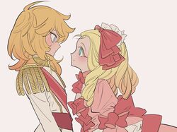  2girls androgynous blonde_hair blue_eyes blush bow dress epaulettes eye_contact face-to-face from_side hair_bow highres leaning_forward long_hair long_sleeves looking_at_another marie_antoinette_(versailles_no_bara) meremero multiple_girls oscar_francois_de_jarjayes pink_dress princess profile red_bow red_sash sash simple_background smile standing versailles_no_bara 