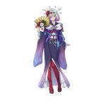  1girl absurdres crystal fire_emblem fire_emblem_heroes flower full_body green_eyes grey_hair hair_flower hair_ornament hand_fan highres holding holding_fan japanese_clothes kimono kvasir_(fire_emblem) kvasir_(unknown_future)_(fire_emblem) looking_at_viewer ne-on official_alternate_costume official_art paper_fan short_hair solo thigh-highs white_background 
