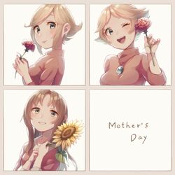  3girls blonde_hair blush brown_hair dress earrings eyelashes flower flower_request green_eyes grin highres hinawa holding holding_flower jewelry long_hair long_sleeves mother&#039;s_day mother_(game) mother_1 mother_2 mother_3 multiple_girls necklace ness&#039;s_mother ninten&#039;s_mother one_eye_closed open_mouth pink_dress ring shifumame short_hair smile wedding_ring 