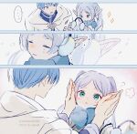  1boy 1girl :3 aqua_eyes blue_eyes blue_scarf blush cape closed_eyes closed_mouth frieren hands_on_another&#039;s_ears himmel_(sousou_no_frieren) long_hair pointy_ears scarf smile sousou_no_frieren twintails very_long_hair white_cape white_hair yamasuke040 