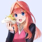  1girl :d ahoge black_jacket blazer blue_eyes blush burger commentary_request food go-toubun_no_hanayome hair_between_eyes hair_ornament highres holding holding_food ishiyuki jacket long_hair looking_at_viewer nakano_itsuki open_mouth red_sweater redhead revision school_uniform shirt smile solo star_(symbol) star_hair_ornament sweater upper_body white_shirt 