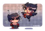  2boys barefoot black_eyes black_hair black_pants black_wings chain chest_tattoo chibi devil_jin fang floating forehead_jewel grey_horns horns kazama_jin kotorai male_focus multiple_boys no_mouth no_nose open_mouth pants short_hair signature studded_gloves tattoo tekken thick_eyebrows topless_male translation_request v-shaped_eyebrows wings yellow_eyes 