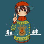  1boy arm_at_side black_hair blue_background blue_eyes christmas_sweater closed_mouth cropped_torso long_hair looking_at_viewer male_focus mother_(game) mother_1 ninten red_headwear shifumame sideways_hat smile solo sweater v 