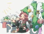  2girls alternate_costume braid christmas_tree cup drinking_glass holding holding_tray hong_meiling izayoi_sakuya maid multiple_girls newbokk office_lady open_clothes open_shirt pencil_skirt plate redhead skirt sleepy touhou tray twin_braids white_hair wine_glass 