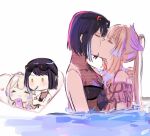  alternate_costume black_hair blush cellphone drinking_straw genshin_impact heart kujou_sara onigiri_222x714 phone pink_hair ponytail sangonomiya_kokomi smartphone sunglasses swimming swimsuit water yellow_eyes yuri 