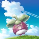  animal_focus artist_name blue_sky bounsweet clouds commentary_request food fruit leaf no_humans on_grass open_mouth pokemon pokemon_(creature) remedy_matome sky twitter_username yellow_eyes 