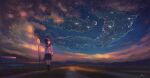  1girl artist_name brown_hair bus_stop city_lights clouds cloudy_sky commentary_request evening feel_(nasitaki) highres looking_up original outdoors pleated_skirt revision road road_sign scenery school_uniform serafuku short_hair sign signature skirt sky solo 