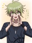  1boy :d amami_rantaro antenna_hair brown_background danganronpa_(series) danganronpa_v3:_killing_harmony ear_piercing earrings green_eyes green_hair hair_between_eyes hands_up jewelry long_sleeves male_focus necklace piercing ring shirt smile solo striped striped_shirt suiren_yurei teeth translation_request upper_teeth_only white_background 