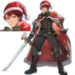  1boy alternate_costume belt belt_buckle black_gloves buckle cape christmas closed_mouth diamant_(fire_emblem) fire_emblem fire_emblem_engage full_body gloves hat highres holding holding_sword holding_weapon jeremy_c4120 male_focus red_cape red_eyes redhead santa_hat short_hair solo sword weapon white_background 
