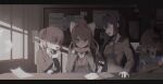  4girls absurdres angry annoyed arguing black_hair book bow brown_hair classroom closed_eyes closed_mouth commentary_request crossed_arms doki_doki_literature_club glitch green_eyes grey_jacket hair_bow hair_intakes hair_ornament hairclip highres indoors interlocked_fingers jacket letterboxed long_hair long_sleeves looking_at_another looking_at_viewer medium_hair monika_(doki_doki_literature_club) multiple_girls muted_color natsuki_(doki_doki_literature_club) neck_ribbon one_side_up open_book open_mouth own_hands_together pink_hair ponytail poster_(object) rcs_4 ribbon sayori_(doki_doki_literature_club) school_uniform smile white_bow yuri_(doki_doki_literature_club) 