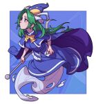  1girl blue_background blue_cape blue_capelet blue_skirt blue_theme blue_vest border bow bowtie cape capelet english_commentary ghost_tail green_eyes green_hair hat holding holding_staff long_hair looking_to_the_side mima_(touhou) mixed-language_commentary russian_commentary skirt soemy solo staff sun_print touhou touhou_(pc-98) vest white_border wizard_hat yellow_bow yellow_bowtie 