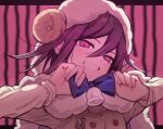  1boy animal_hood bell blue_bow blush bow danganronpa_(series) danganronpa_v3:_killing_harmony fake_horns grin hair_between_eyes hood hood_up horns long_sleeves looking_at_viewer male_focus mokemokeeeee neck_bell oma_kokichi pink_eyes purple_hair sheep_horns smile solo straitjacket twitter_username upper_body 