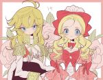  2girls blonde_hair blue_eyes bow closed_mouth dress earrings epaulettes hair_bow hat holding holding_clothes holding_hat jacket jewelry long_hair long_sleeves looking_at_viewer marie_antoinette_(versailles_no_bara) meremero multiple_girls oscar_francois_de_jarjayes pink_bow pink_dress puffy_sleeves smile standing unworn_hat unworn_headwear versailles_no_bara wavy_hair white_jacket 