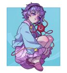  1girl aqua_background black_hairband blue_shirt border buttons collared_shirt floral_print frilled_shirt_collar frilled_sleeves frills hairband heart_button hugging_own_legs komeiji_satori long_sleeves pink_footwear pink_skirt purple_hair red_eyes shirt short_hair skirt slippers soemy solo third_eye touhou violet_eyes white_border wide_sleeves 