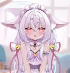  1girl animal_ear_fluff animal_ears apron breasts fangs fox_ears fox_girl fox_tail highres long_hair looking_at_viewer low_twintails maid maid_headdress original red_eyes shiroi_awa_sakana small_breasts tail twintails virtual_youtuber white_apron white_hair 
