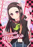  1girl bag black_hair black_serafuku black_shirt blush brown_hair character_name cherry_print closed_mouth english_text food_print forehead green_neckerchief hair_ribbon happy_birthday highres holding holding_bag kamado_nezuko kimetsu_gakuen kimetsu_no_yaiba long_hair long_sleeves looking_at_viewer multicolored_hair neckerchief orange_hair pink_eyes pink_ribbon ribbon school_uniform serafuku shimya shirt smile solo 