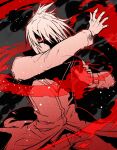  1boy beatmania_iidx commentary_request cowboy_shot ereki_(beatmania) eye_trail fire folded_ponytail hair_between_eyes hair_ornament jacket light_trail long_bangs long_sleeves male_focus maoh_(aburaage0528) monochrome pants red_theme shaded_face short_hair smoke solo 