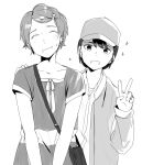  2girls :d bag co1d_07 facing_viewer greyscale handbag highres jacket kurita_kaoru long_sleeves monochrome multiple_girls sawaki_momoe school_uniform short_hair short_sleeves smile sweatdrop v wonder_egg_priority 