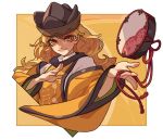  1girl blonde_hair brown_headwear drum floating floating_object instrument long_hair long_sleeves looking_at_viewer matara_okina soemy tabard touhou tsuzumi upper_body wide_sleeves yellow_eyes yellow_theme 