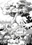  1girl animal closed_mouth collared_dress commentary_request dress grass greyscale hat hatching_(texture) highres holding holding_animal korean_commentary long_sleeves mary_janes meremero monochrome original outdoors plant rabbit rock shoes short_hair sitting smile solo sun_hat tree 