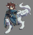  1boy animal_ear_fluff animal_ears belt black_gloves blue_capelet blue_eyes blue_pupils brown_hair capelet centauroid claws collared_capelet full_body gloves grey_background grey_fur hair_between_eyes hand_on_own_hip hand_up high_collar highres inumimi-syndrome looking_to_the_side male_focus monster_boy open_mouth pixiv_fantasia pixiv_fantasia_last_saga ringed_eyes short_eyebrows short_hair simple_background solo tail taur walking wolf_boy wolf_ears wolf_tail 