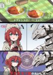  1girl binah_(blue_archive) blue_archive blue_eyes braid curry death_momoi_(meme) eating food halo highres holding holding_spoon jacket low_twin_braids maki_(blue_archive) maki_(camp)_(blue_archive) meme momoi_(blue_archive) open_mouth plate pokemon pokemon_swsh red_halo red_sweater redhead smile spoon sweater the_olphy twin_braids white_headwear white_jacket 