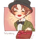  1boy black_bow black_bowtie black_headwear blush bow bowtie brown_hair closed_eyes facing_viewer gift giving green_jacket holding holding_gift jacket long_sleeves male_focus mother_(game) mother_2 open_mouth shifumame shirt short_hair tony_(mother_2) translation_request white_shirt 