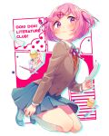 1girl blue_shoes blue_skirt blush book brown_jacket brown_sweater buttoned_up buttons closed_mouth collared_shirt copyright_name cupcake doki_doki_literature_club food frown full_body glass_pen hair_ornament hair_ribbon highres holding holding_paper jacket kneehighs kneeling letters long_sleeves manga_(object) mary_janes natsuki_(doki_doki_literature_club) paper pen pencil pink_eyes pink_hair poem red_ribbon ribbon shifumame shirt shoes skirt socks solo sweater two_side_up white_background white_collar white_shirt white_socks words x_hair_ornament yellow_buttons