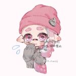  1girl beanie closed_mouth commentary_request eyelashes grey_sweater hat hat_ornament highres inkling inkling_girl long_hair myon_rio pink_eyes pink_headwear pointy_ears sad simple_background solo splatoon_(series) sweater tears tentacle_hair thick_eyebrows upper_body watermark white_background 