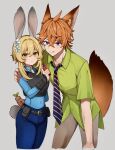  1boy 1girl animal_ears blue_eyes cosplay flower fox_ears fox_tail genshin_impact hair_flower hair_ornament highres judy_hopps judy_hopps_(cosplay) kemonomimi_mode kuromu_shado lumine_(genshin_impact) necktie nick_wilde nick_wilde_(cosplay) police police_uniform policewoman rabbit_ears rabbit_tail shirt short_hair short_hair_with_long_locks smile tail tartaglia_(genshin_impact) uniform white_flower zootopia 